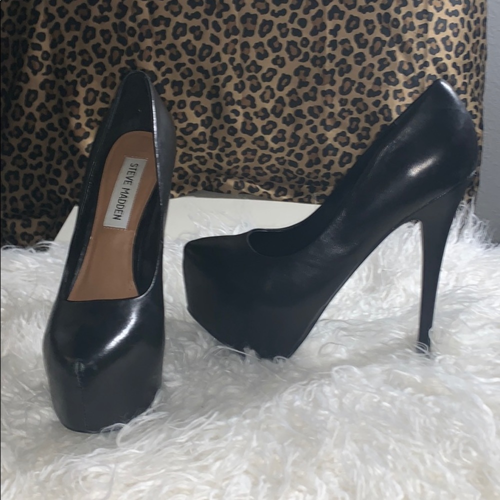Black leather platform stilettos